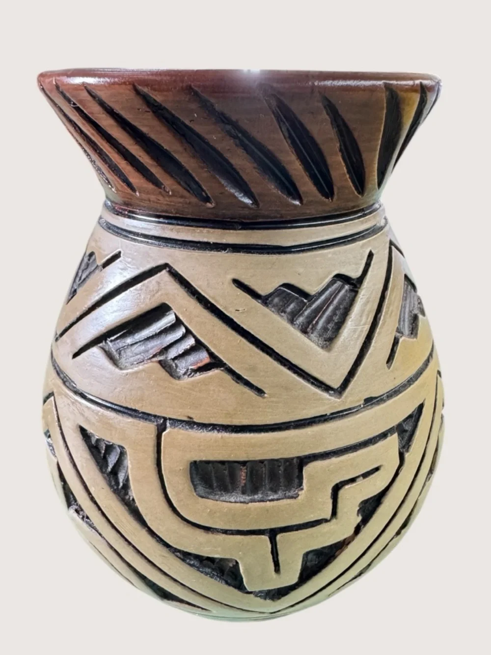 Hand Carved Mexican Redware Pottery Vase Tribal Marajoara Style Boho Decor